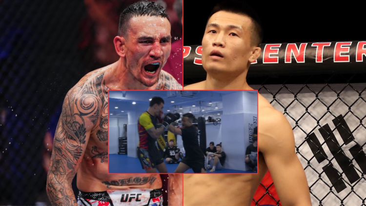 Max Holloway and Korean Zombie ahead of UFC fights with an inset of them sparring