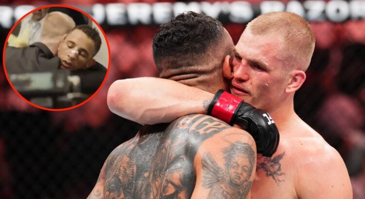 Ian Machado Garry and Carlos Prates embrace after UFC Kansas City main event with an inset of Garry and Prates embracing backstage