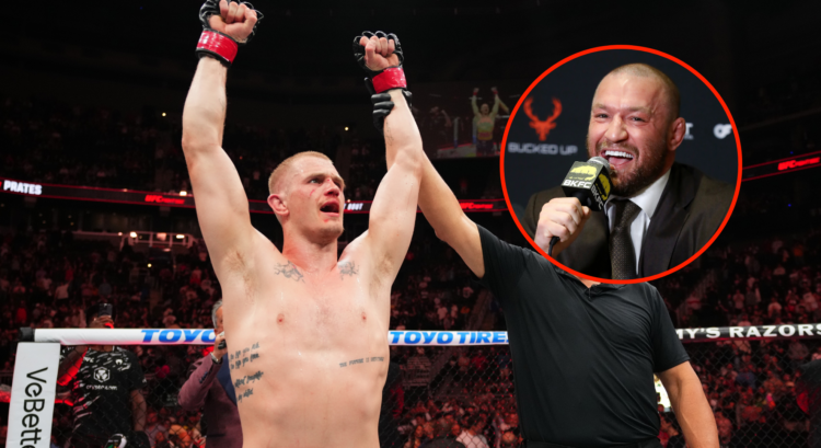 Main photo shows Ian Machado Garry being declared winner of a fight. Bubble photo shows Conor McGregor reacting