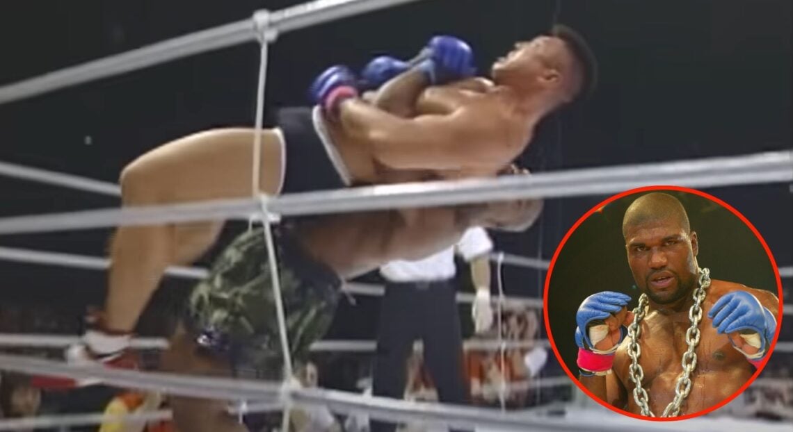 Image of Quinton 'Rampage' Jackson slamming Masaaki Satake with an inset of Jackson posing after his win over Chuck Liddell