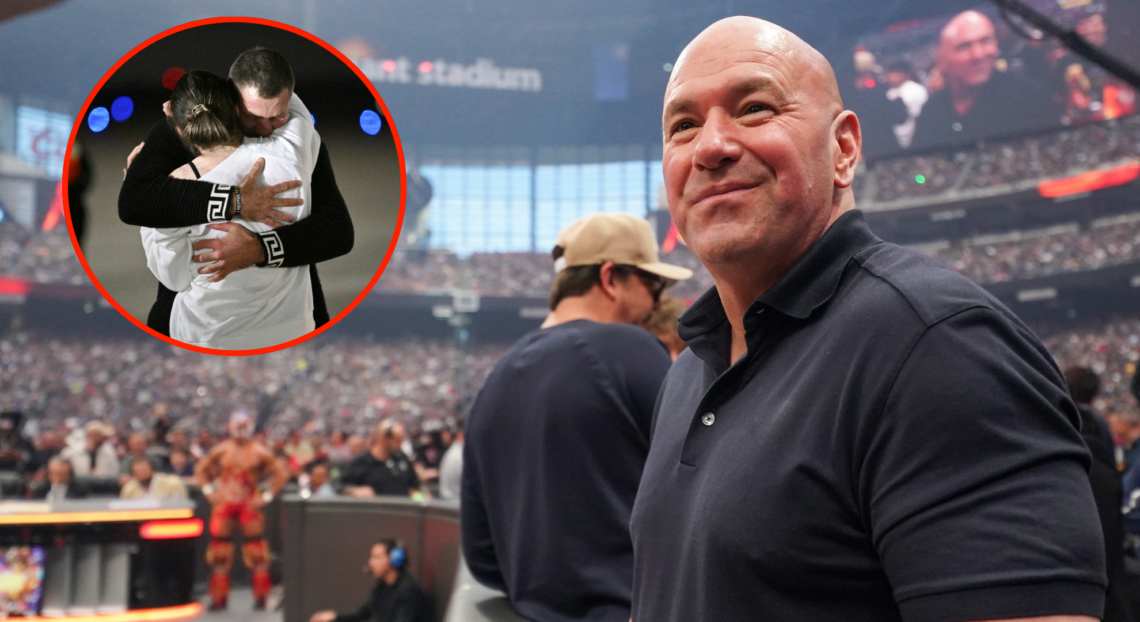 Dana White attends WrestleMania ringside in Las Vegas, inset Ksenia Karelina after her prison release