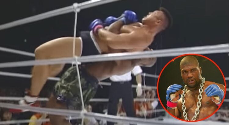 Image of Quinton 'Rampage' Jackson slamming Masaaki Satake with an inset of Jackson posing after his win over Chuck Liddell