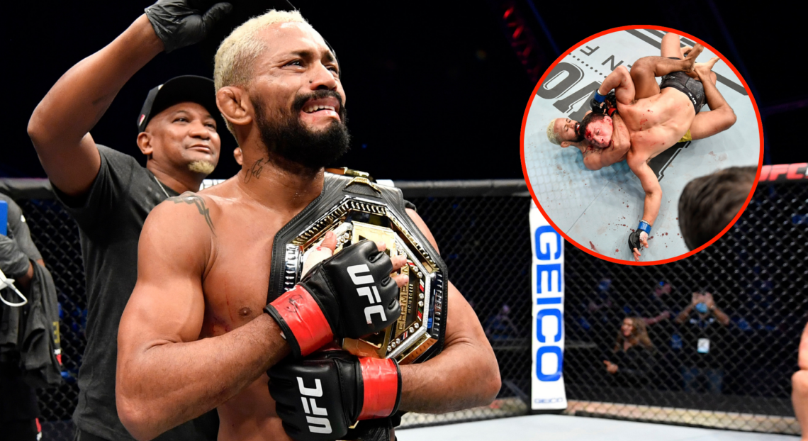 Deiveson Figueiredo holds the UFC flyweight title after winning the vacant belt, inset Figueiredo choking Joseph Benavidez to sleep