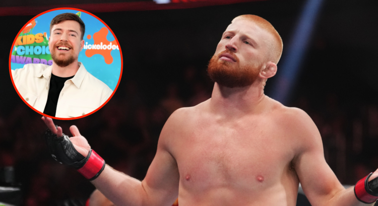 Bo Nickal acknowledges the crowd after defeating Val Woodburn at UFC 290, inset Mr. Beast at the 2023 Kids Choice Awards