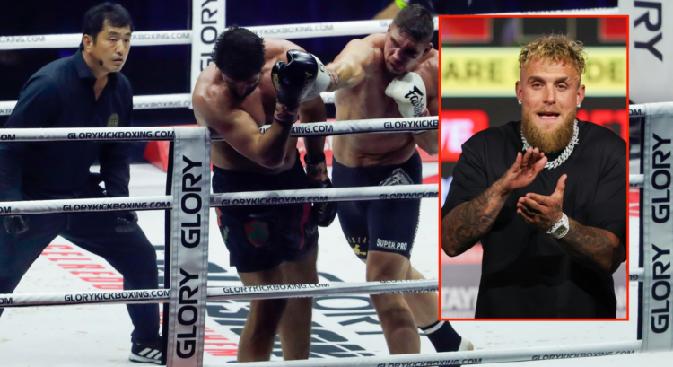 Main photo shows a GLORY kickboxing fight, block image shows Jake Paul applauding