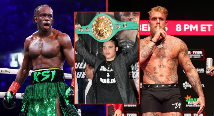 Left picture shows KSI, middle picture shows Julio Cesar Chavez with a title belt and right photo shows Jake Paul shushing crowd while weighing in ...