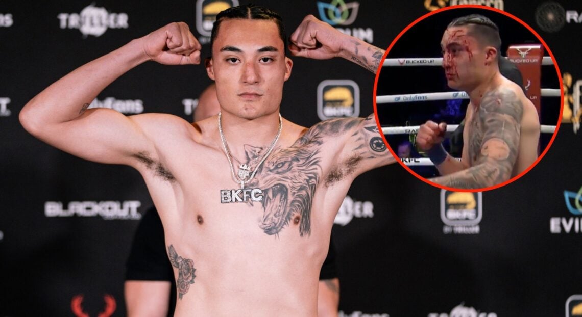 Image of Ramiro Figueroa weighing in for BKFC Fight Night Omaha with an inset of him mid-fight