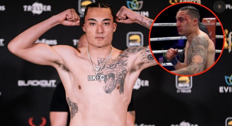 Image of Ramiro Figueroa weighing in for BKFC Fight Night Omaha with an inset of him mid-fight