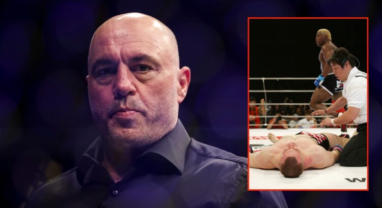 Joe Rogan looks on at UFC 273 in Jacksonville with an inset of Kevin Randleman reacting to his knockout win over Mirko Cro Cop in PRIDE