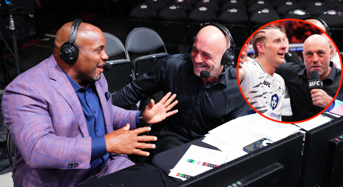 Joe Rogan and Daniel Cormier talking, with a bubble showing Rogan interviewing Paddy Pimblett