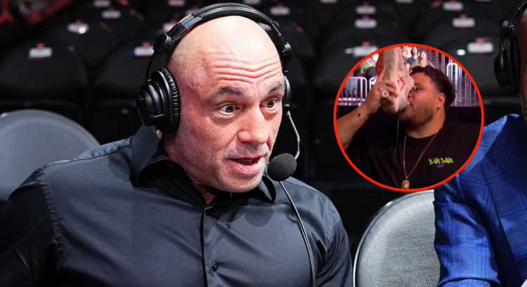 Joe Rogan looks stunned, in a bubble Tai Tuivasa drinks beer from a shoe