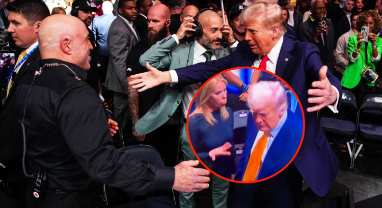 Joe Rogan and Donald Trump at a UFC event, with bubble showing Trump ignoring Cheryl Hines