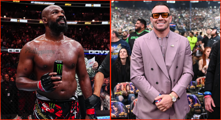 Composite image showing Jon Jones after a fight and Colby Covington at WrestleMania