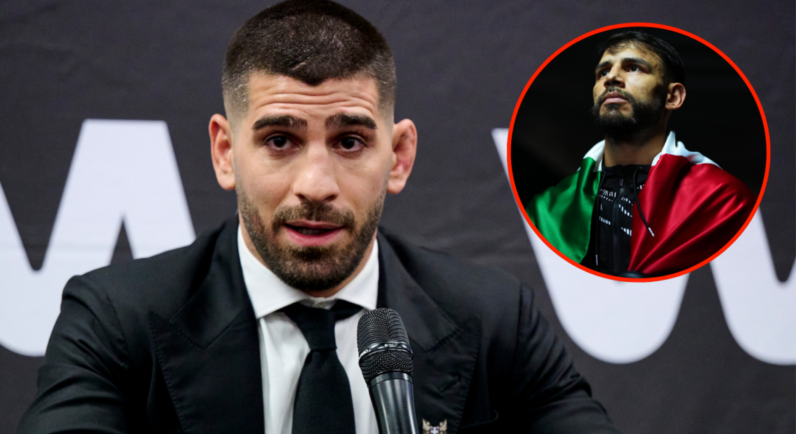 Ilia Topuria speaks at the WOW 17 press conference, inset Yair Rodriguez walking out at UFC 314.