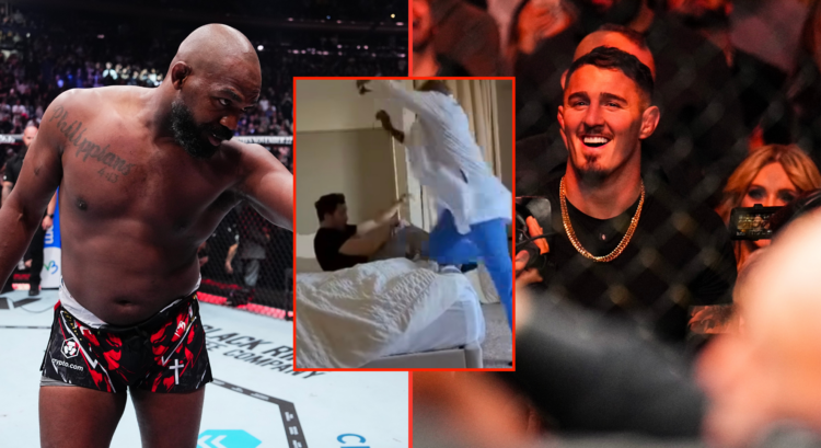 Split image of Jon Jones reacting to his UFC 309 win and Tom Aspinall reacting to his win with an inset of Jones on a TV set performing a flying knee
