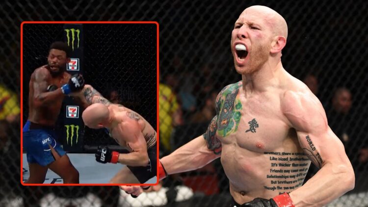 Josh Emmett reacts after knocking out Michael Johnson. Inset, Josh Emmett throws a punch.