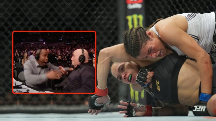 Julianna Peña attempts to submit Amanda Nunes in their womans bantamweight title fight during UFC 269 with an inset of Daniel Cormier and Joe Rogan...