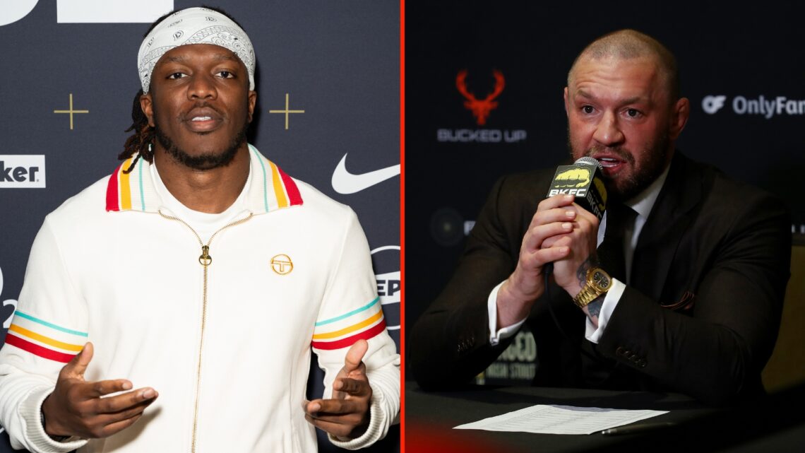 Split image of KSI attending the "Baller League x Match Day 4" on April 14 and Conor McGregor talking to the media after BKFC 70 Hollywood at Hard ...