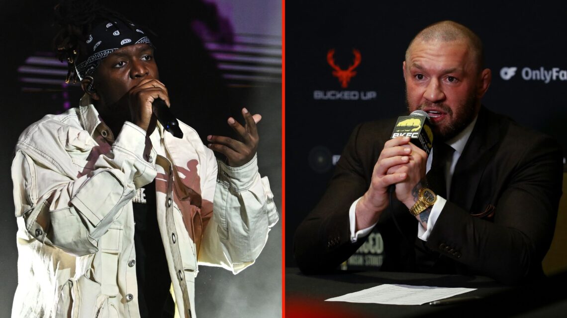 Split image of KSI performing, and Conor McGregor at a press conference.