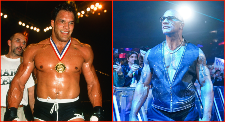 Mark Kerr moments after his UFC 14 win over Dan Bobish split with Dwayne 'The Rock' Johnson making his entrance at WWE Elimination Chamber