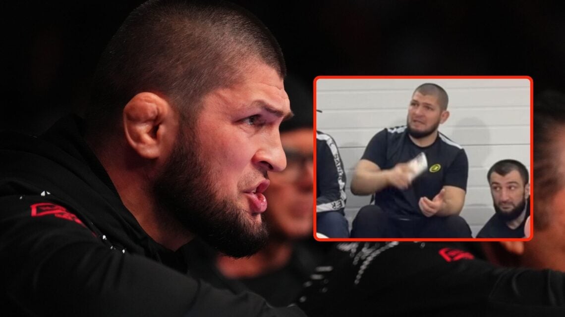 Image of Khabib Nurmagomedov coaching with an inset of Islam Makhachev’s Instagram story