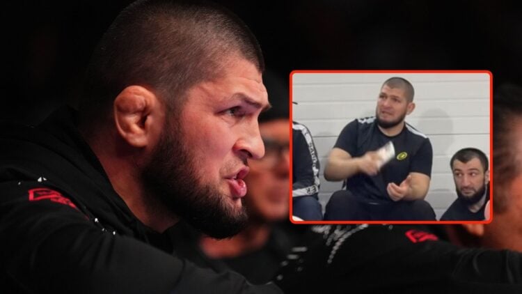 Image of Khabib Nurmagomedov coaching with an inset of Islam Makhachev’s Instagram story
