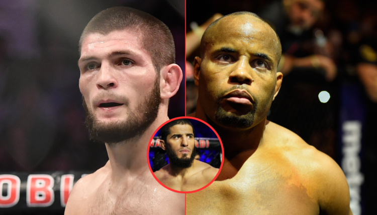 Khabib Nurmagomedov and Daniel Cormier in the octagon with an inset of Islam Makhachev