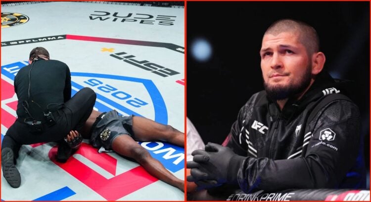 Split image of Marc Diakiese after his loss to Gadzhi Rabadanov and Khabib Nurmagomedov at UFC Abu Dhabi