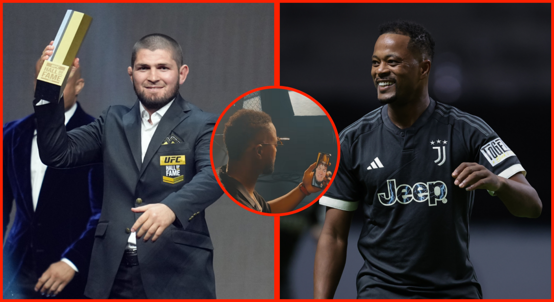 Composite image showing (left) Khabib Nurmagomedo, (right) Patrice Evra and (centre bubble) Patrice Evra on facetime with Khabib Nurmagomedov