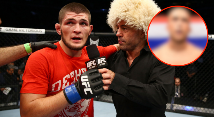 Joe Rogan interviews Khabib Nurmagomedov. Bubble in top right shows a very blurred image of BJ Penn