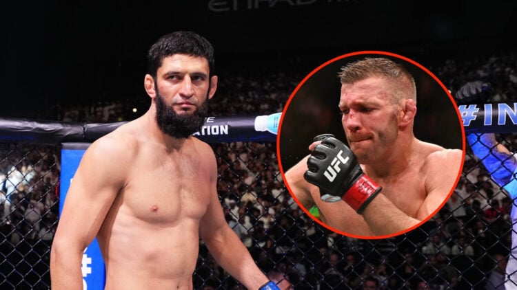Khamzat Chimaev prepares to face Robert Whittaker at UFC 308 with an inset of Dricus du Plessis celebrating his victory over Sean Strickland.