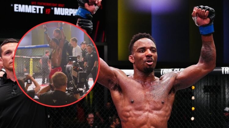 Image of Lerone Murphy win at UFC Vegas 105 with an inset of him celebrating
