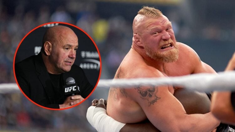 Brock Lesnar wrestles Omos during WrestleMania 39 at SoFi Stadium. Inset, Dana White.