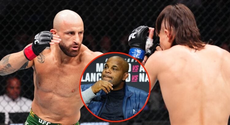 Image of Alexander Volkanovski vs Diego Lopes. Inset, Daniel Cormier
