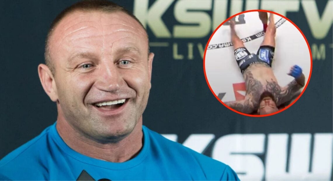 Image of Mariusz Pudzianowski smiling at a press conference with an inset of Michal Materla after their fight