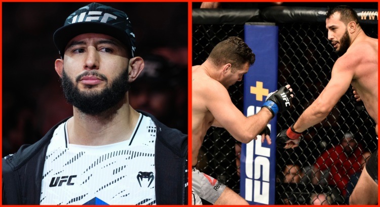 Split image of Dominick Reyes walking out at UFC 310, opposite Reyes punching Chris Weidman.