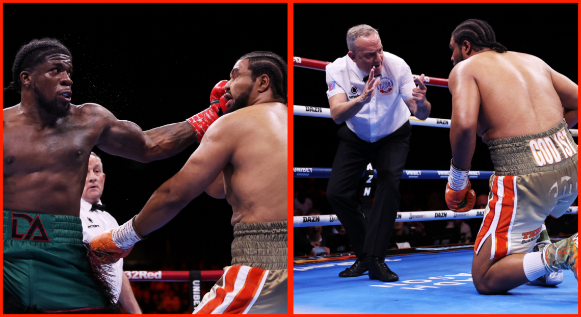 Split image of David Adeleye dropping Jeamie Tshikeva with a left hook, opposite a downed Tshikeva getting a count from referee Ron Kearney.