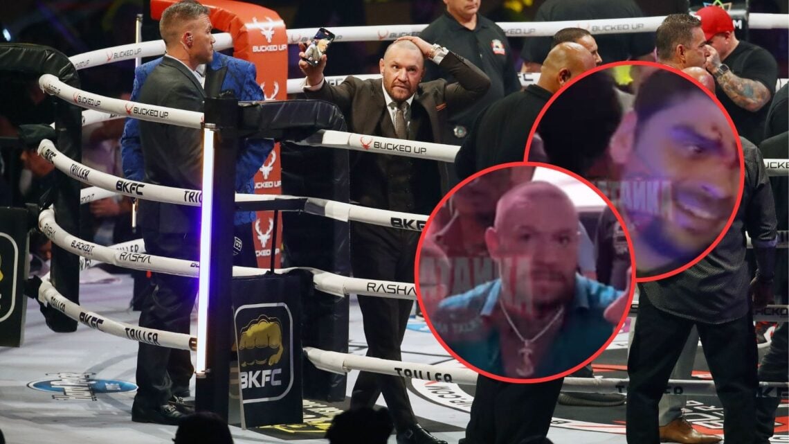 Image of Conor McGregor reacts after the fight between Leonardo Perdomo and Steve Herelius with an inset of @ushatayka_tm on Instagram