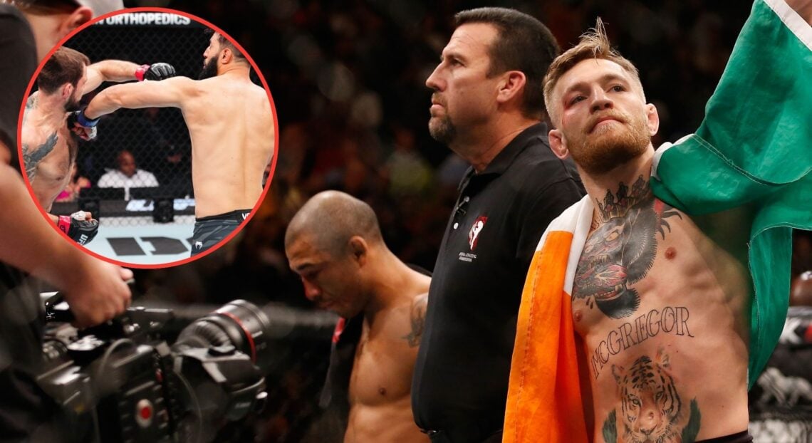 Image of Conor McGregor and Jose Aldo. Inset, Dominick Reyes vs Nikita Krylov