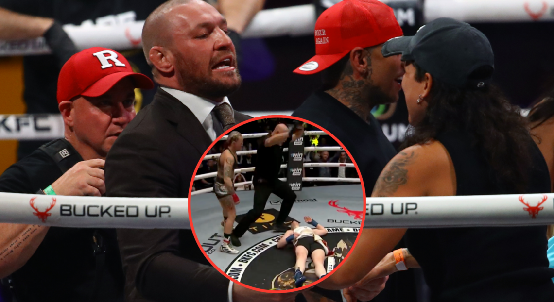 Conor McGregor meets Amanda Nunes after the fight between Luis Palomino and Howard Davis during the BKFC 70 with an inset of Hannah Rankin sufferin...