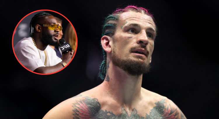 Sean O'Malley reacts after a loss to Merab Dvalishvili at UFC 306, inset Aljamain Sterling at the UFC 310 pre-fight press conference.