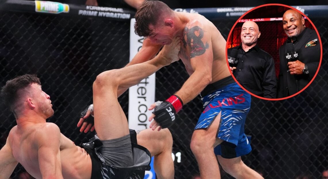 Image of Julian Erosa vs Darren Elkins. Inset, Joe Rogan and Daniel Cormier