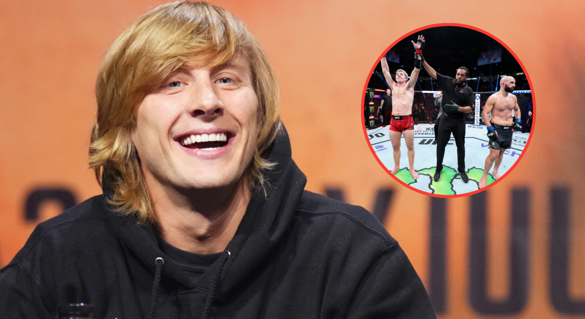 Paddy Pimblett appears at the UFC 304 pre-fight press conference, inset Pimblett getting his hand raised vs. Jared Gordon at UFC 282.