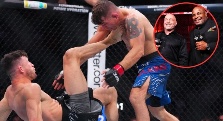 Image of Julian Erosa vs Darren Elkins. Inset, Joe Rogan and Daniel Cormier