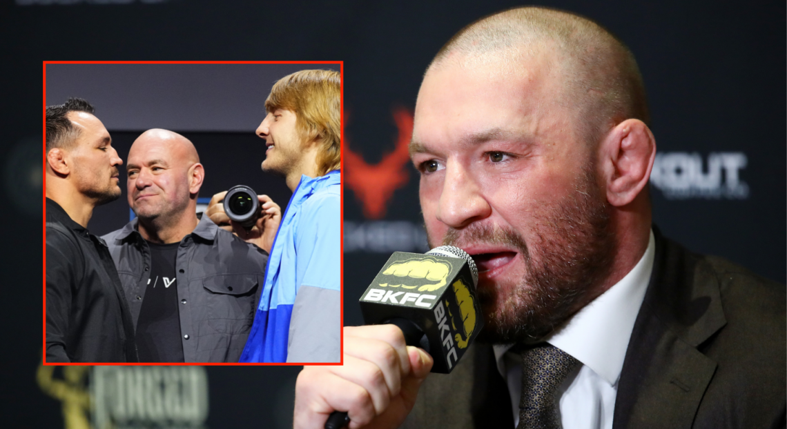 Conor McGregor interacts with media after BKFC 70 Hollywood at Hard Rock Live in Seminole Hard Rock Hotel & Casino with an inset of Michael Chandle...