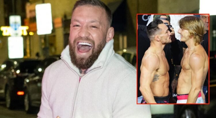 Conor McGregor laughs with an inset of Michael Chandler & Paddy Pimblett squaring off