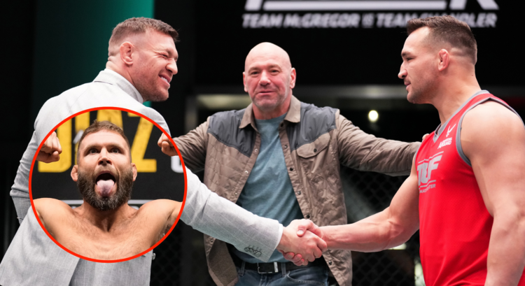 Conor McGregor and Michael Chandler shake hands during TUF 31 filming with an inset of Jeremy Stephens weighing in ahead of his fight against Chris...