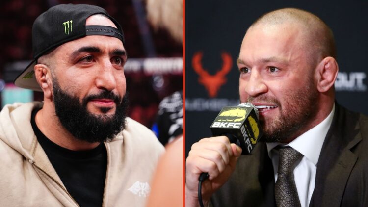 Split image of Conor McGregor interacting with the media, and Belal Muhammad looking on during the UFC 310 event
