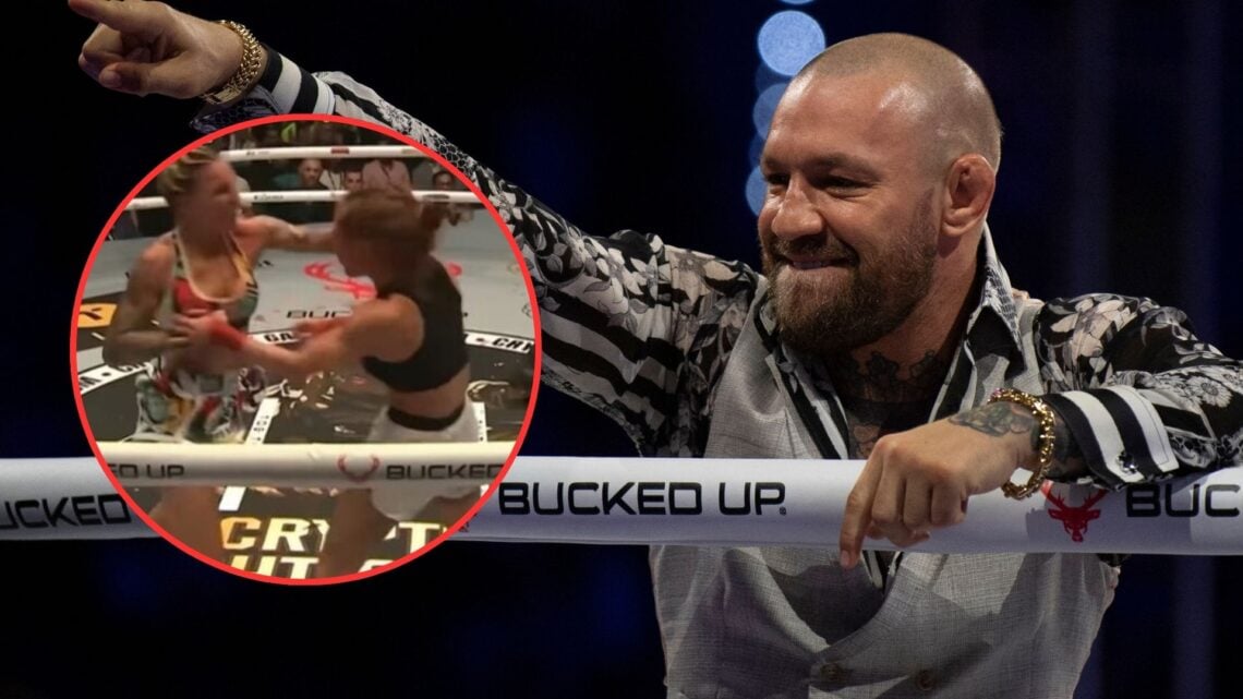 Image of Conor McGregor reacts during the Bare Knuckle Fighting Championship with an inset of Tai Emery
