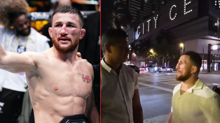 Merab Dvalishvili in a UFC post-fight interview and confronting a member of the public